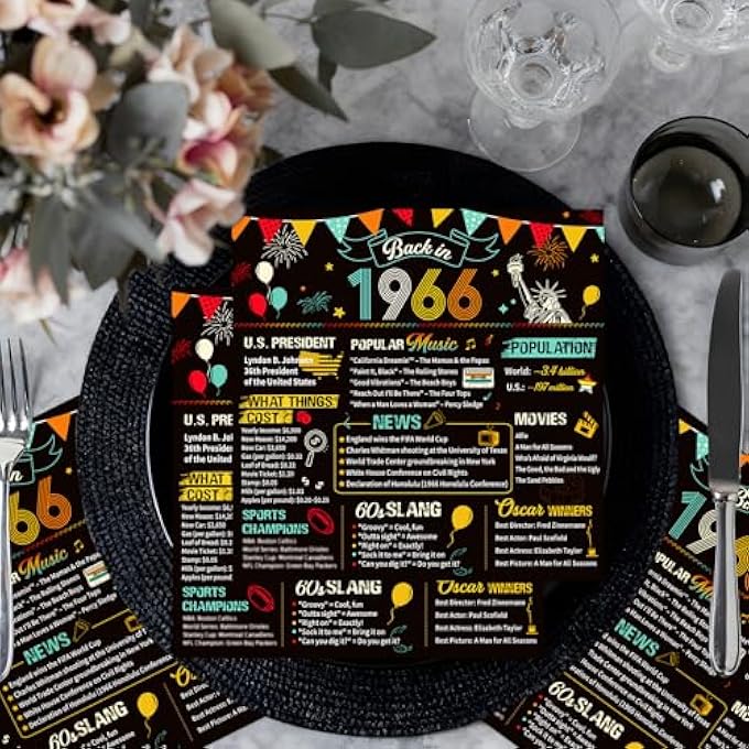 PACK OF 50 NAPKINS 60TH BIRTHDAY MAN WOMAN DECORATION 60TH BIRTHDAY NAPKINS BLACK GOLD FOR MEN AND WOMEN 1966 PAPER HANDKERCHIEFS HANDKERCHIEFS PARTY DECORATION - Image 5